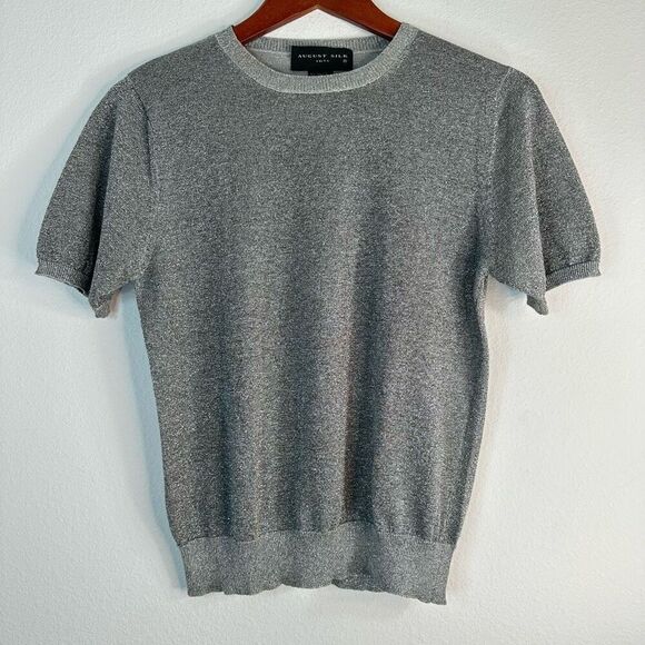 Vintage 90s August Silk Sparkly Silver Knit Crewneck Sweater Silk Blend Medium - Picture 1 of 8